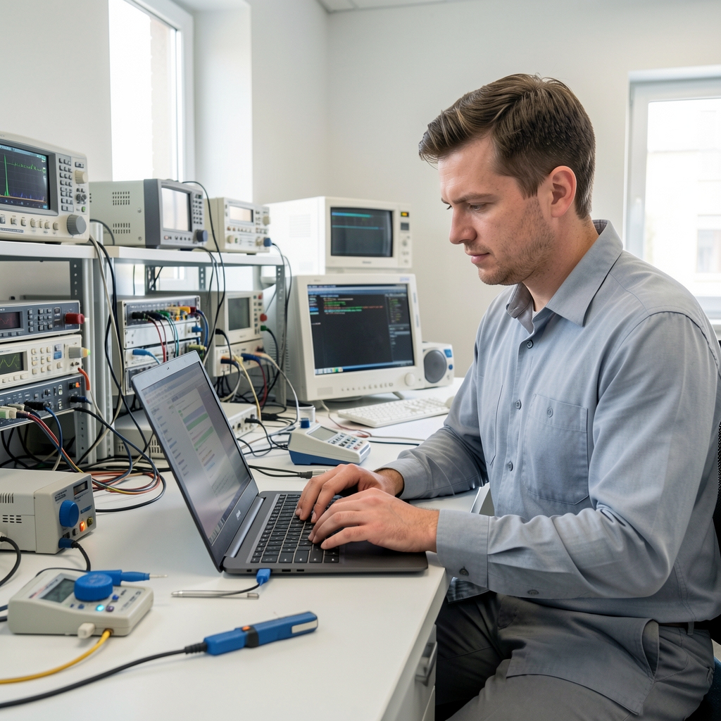Stručnjak Tehnovije testira laptop u modernoj laboratoriji okružen elektronskim uređajima i mernim instrumentima