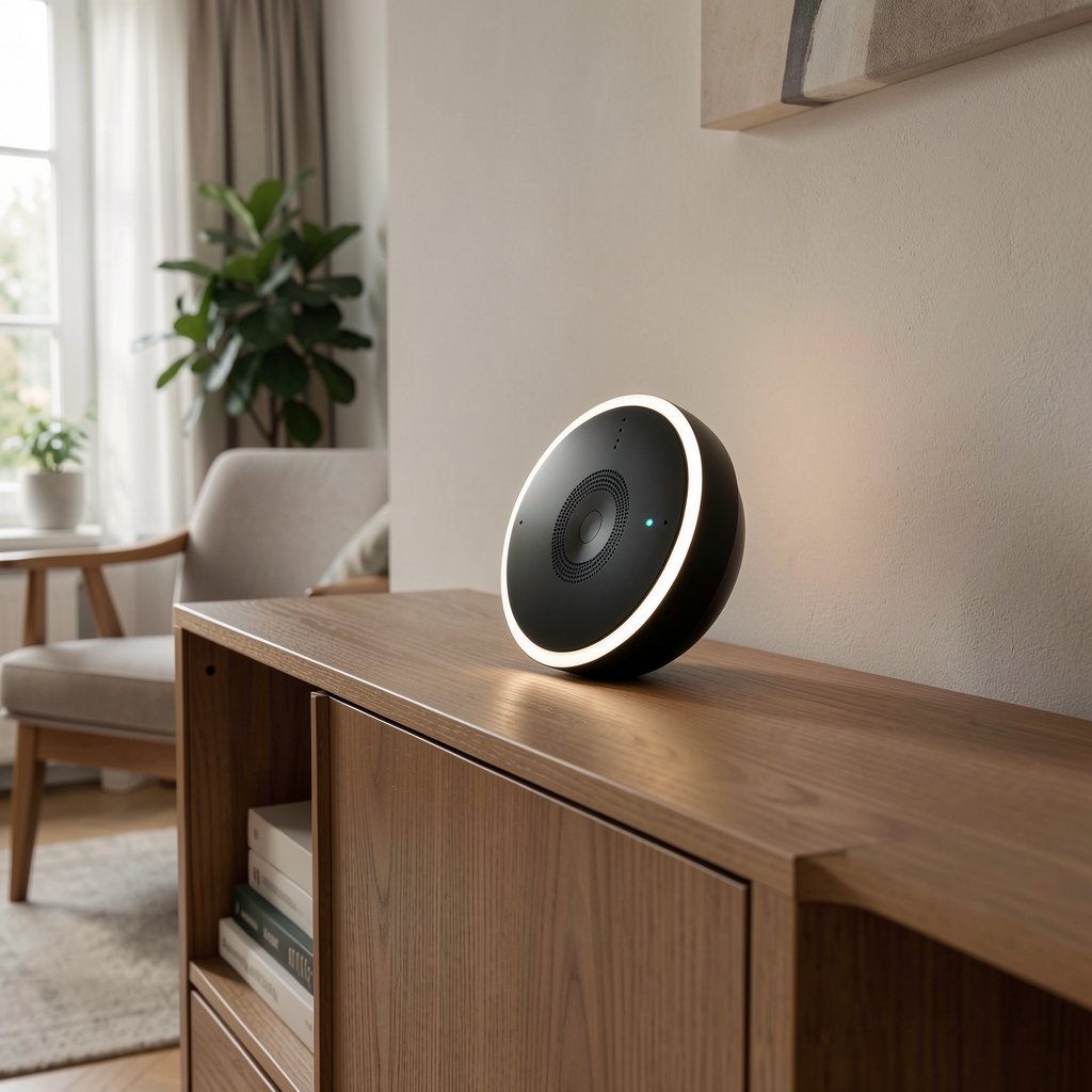 Amazon Echo Dot 5. generacija crna boja sa LED prstenom i Alexa glasovnim asistentom na drvenoj polici u dnevnoj sobi