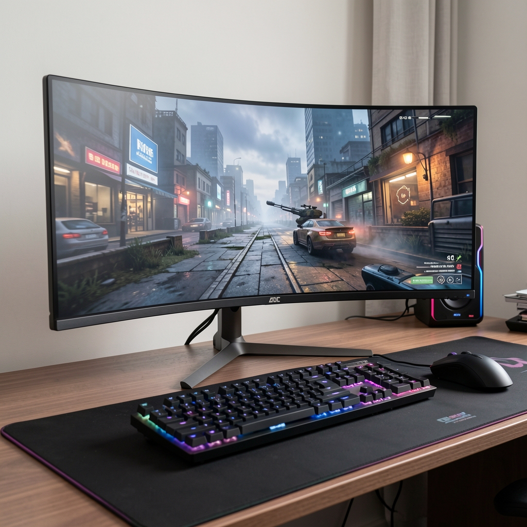 AOC CU34G3S ultrawide QHD gaming monitor crna boja sa blagom zakrivljenošću 1500R na gamers stolu sa tastaturom