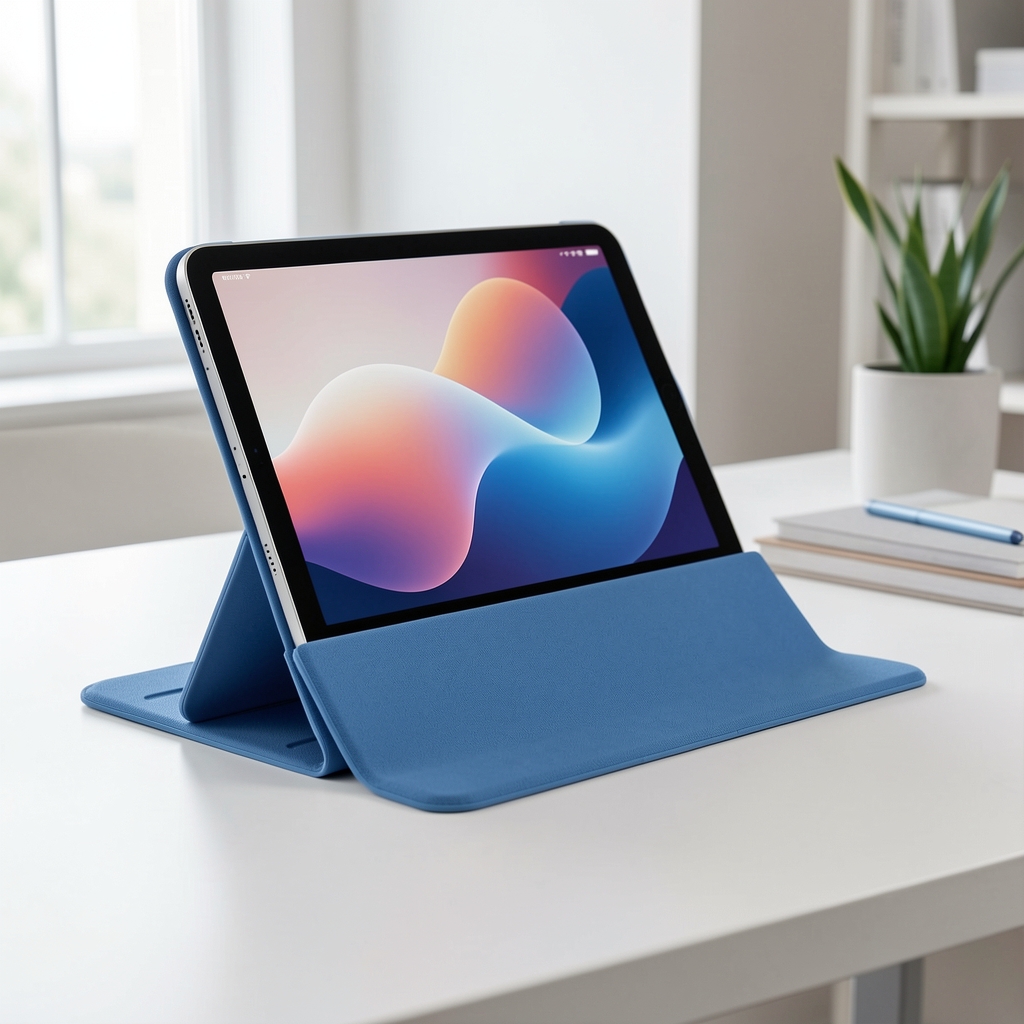 Apple iPad Air 11 inča M2 plava boja s Magic Keyboard futrolom prikazan pod uglom na minimalnoj površini