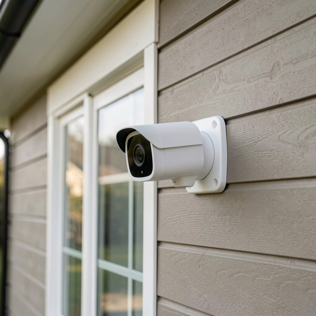 Arlo Pro 5S outdoor bezbednosna kamera bela boja sa 4K HDR rezolucijom i Color Night Vision pričvršćena na spoljni zid kuće