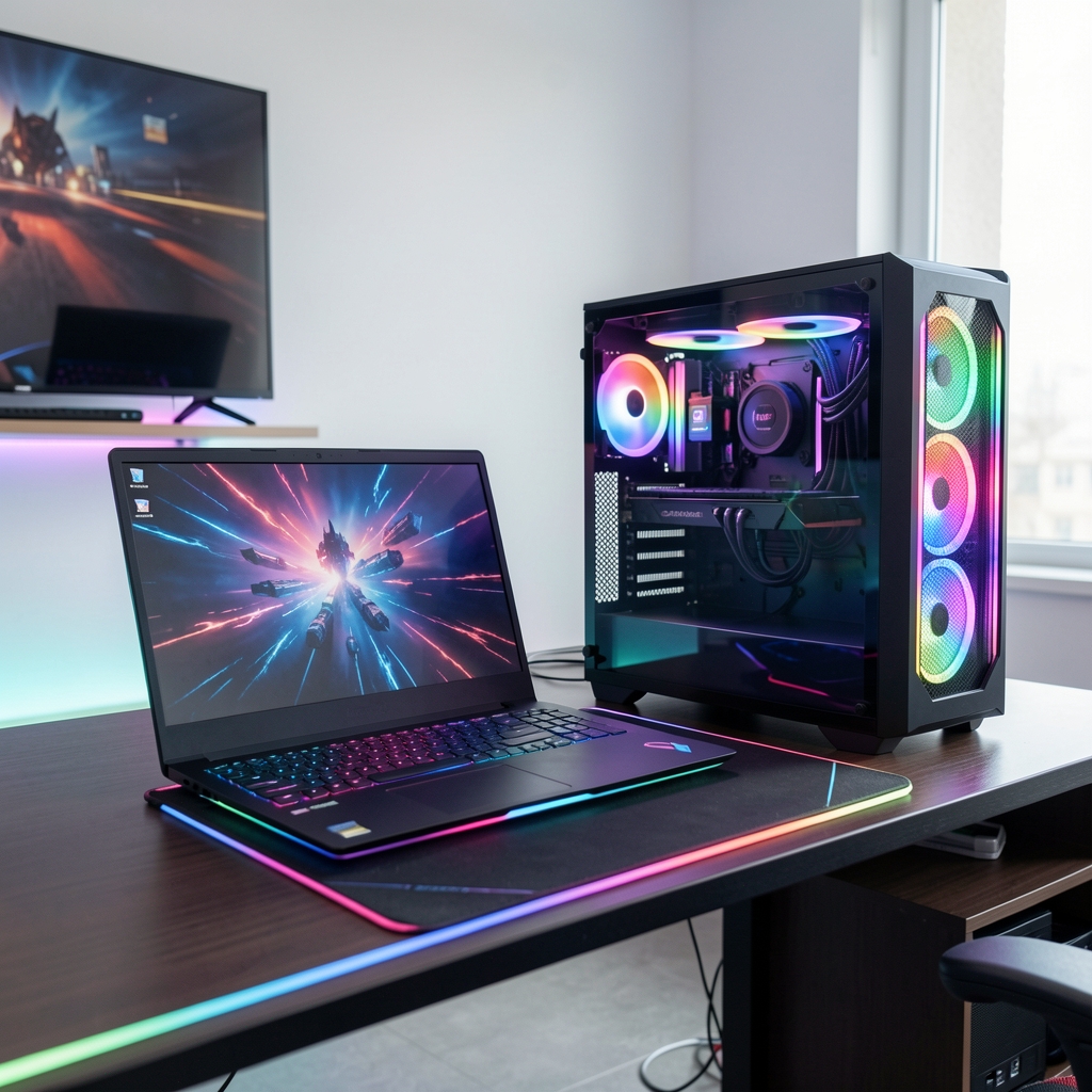 Gaming laptop i gaming desktop računar postavljeni jedno pored drugog na gaming stolu sa RGB osvetljenjem za poređenje