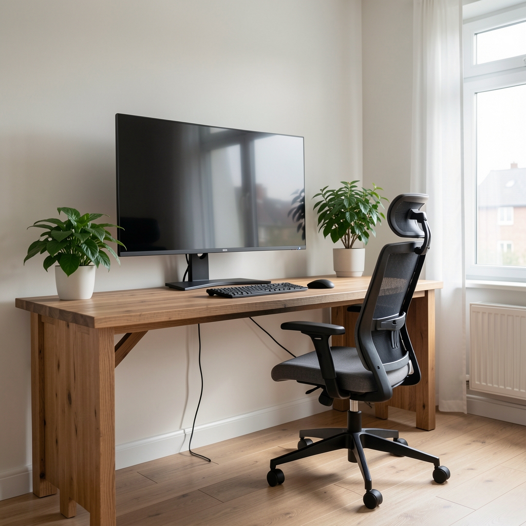 Ergonomski uređen kućni kancelarijski prostor sa ultra-wide monitorom, mehaničkom tastaturom i premium zvučnicima na belom stolu