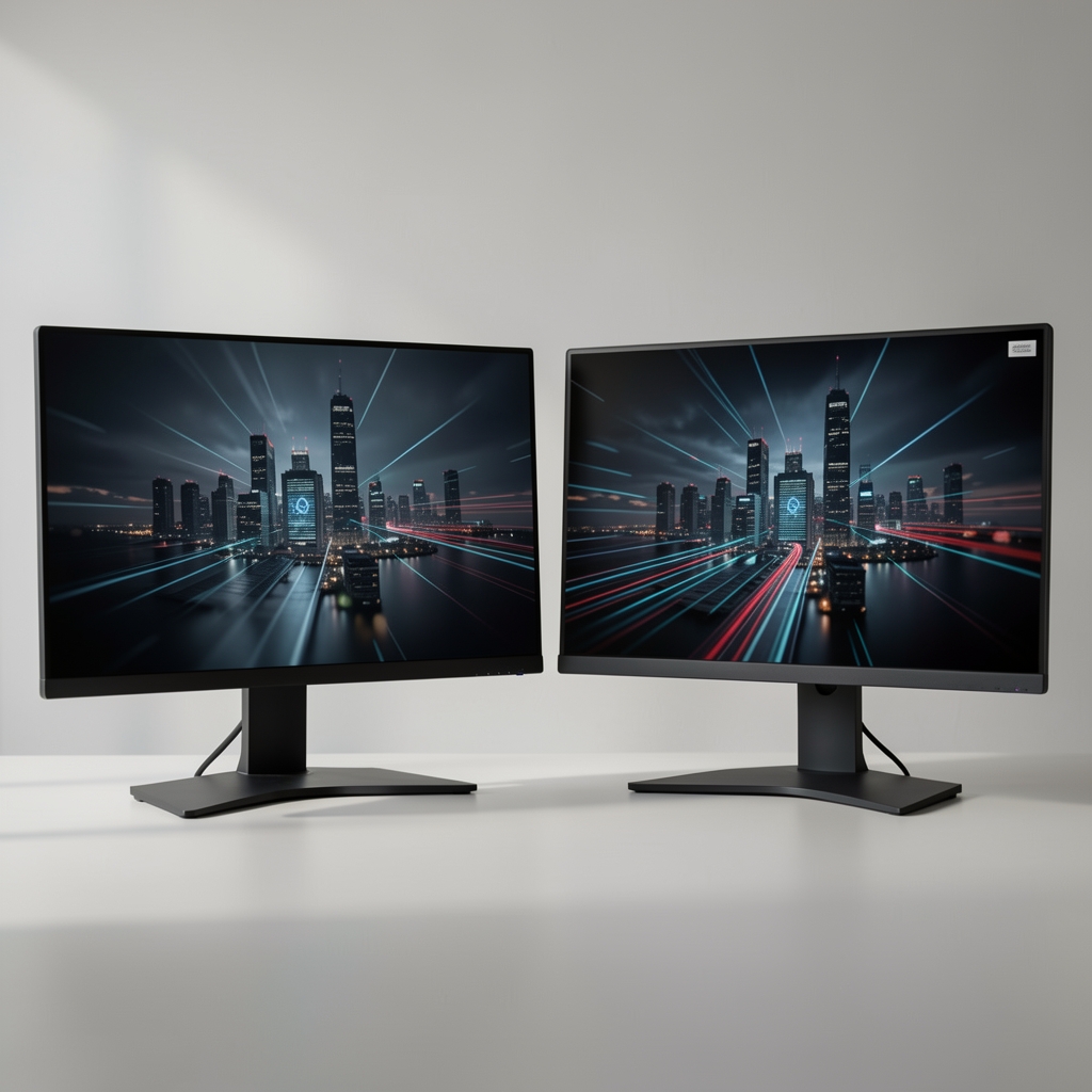 Poređenje OLED i Mini-LED monitora postavljenih jedno pored drugog koji prikazuju iste tamne i svetle slike za demonstraciju kontrasta