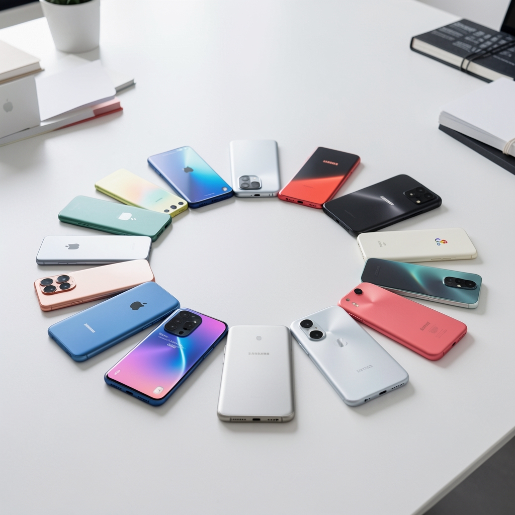 Kolekcija pametnih telefona različitih brendova postavljenih u krug — Apple, Samsung, Xiaomi, Google