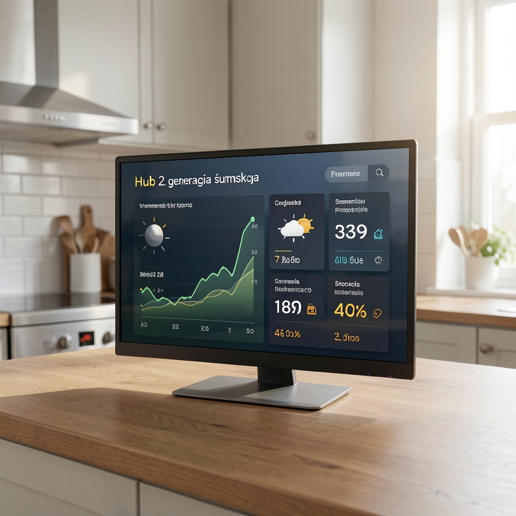 Google Nest Hub 2. generacija šumska boja sa 7 inčnim ekranom prikazuje vremensku prognozu i Google Assistant na kuhinji