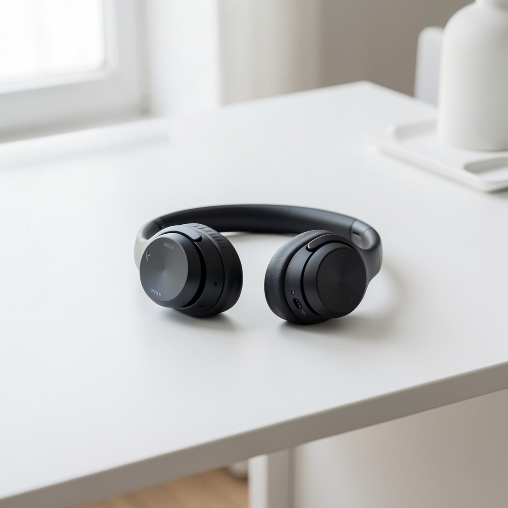 Sony WH-1000XM5 bežične slušalice sa aktivnim poništavanjem buke postavljene na bijelom stolu sa minimalističkim dizajnom