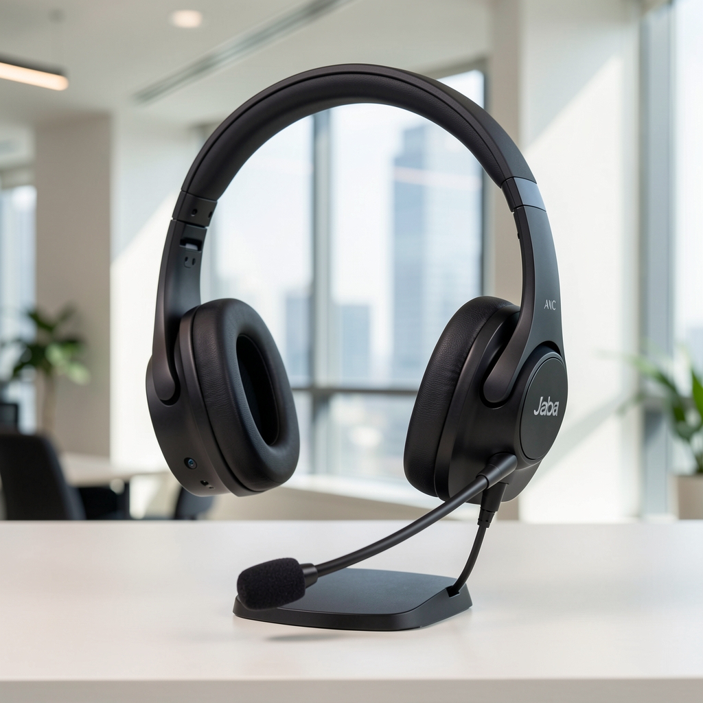 Jabra Evolve2 85 profesionalni headset za poslovne razgovore crna boja sa boom mikrofonom i ANC na svetloj poslovnoj pozadini