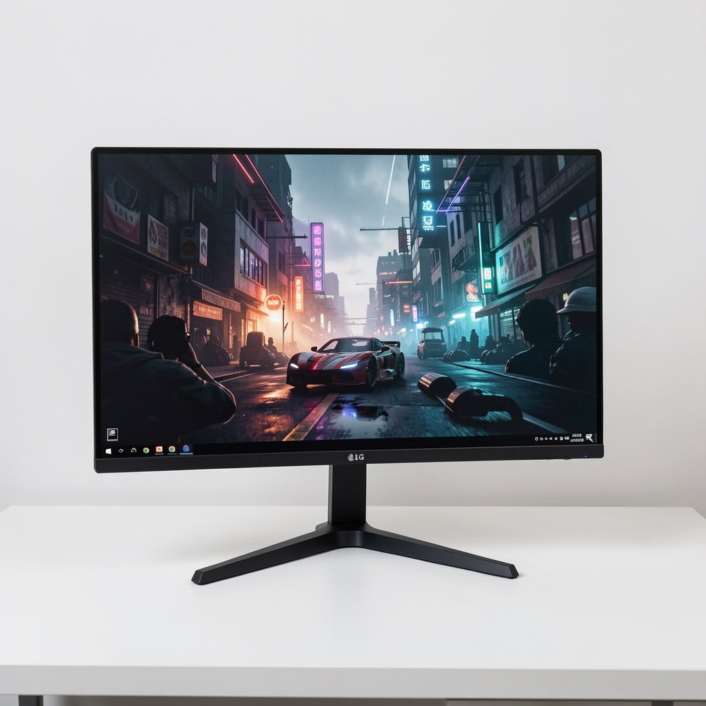 LG UltraGear 27GP950 4K gaming monitor crna boja sa tankim okvirom i RGB osvetljenjem sa zadnje strane na belom stolu