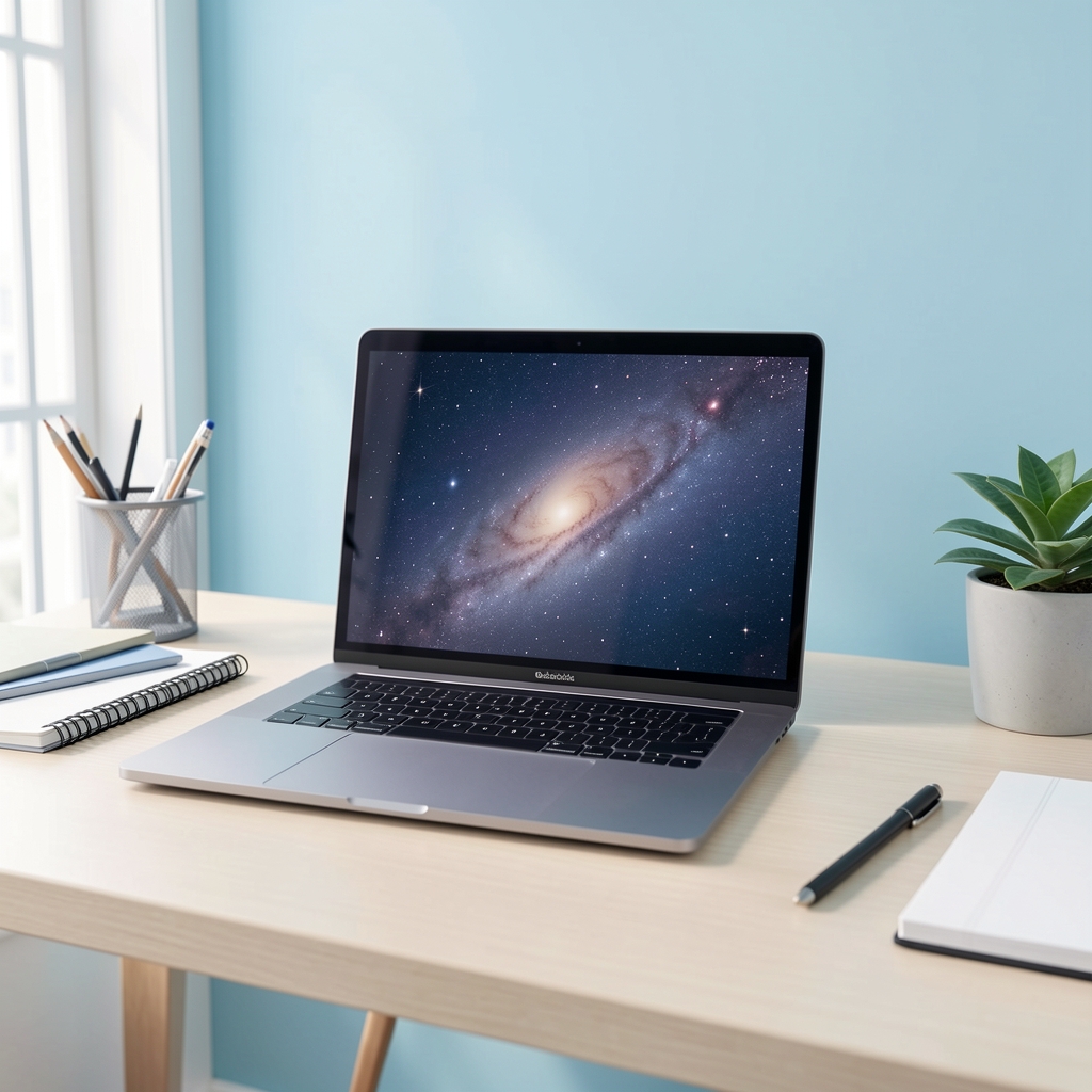 Apple MacBook Pro 14 inča sa M3 Pro čipom u svemirski sivoj boji na svetloplavoj pozadini