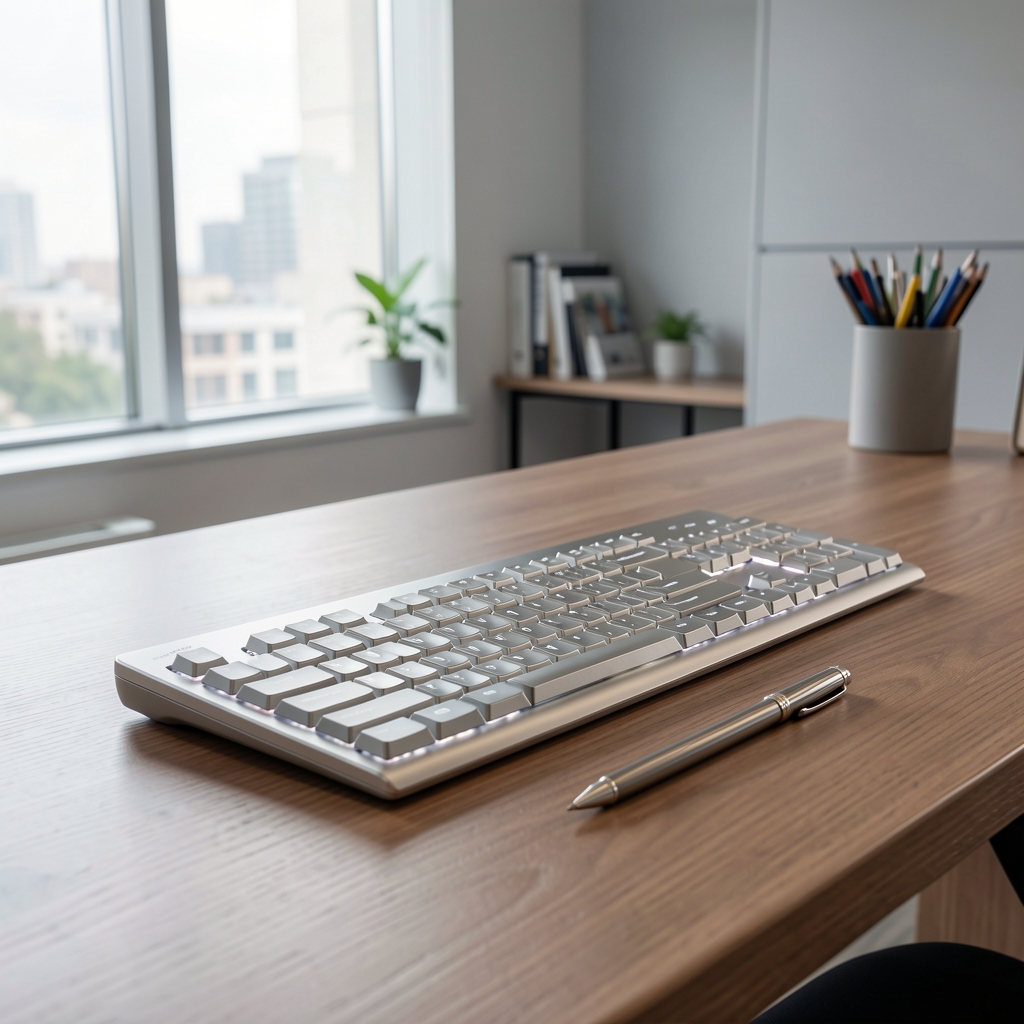 Microsoft Surface Pro 10 platinijum srebrna boja sa Type Cover tastaturom i Surface Pen olovkom u modernoj kancelariji