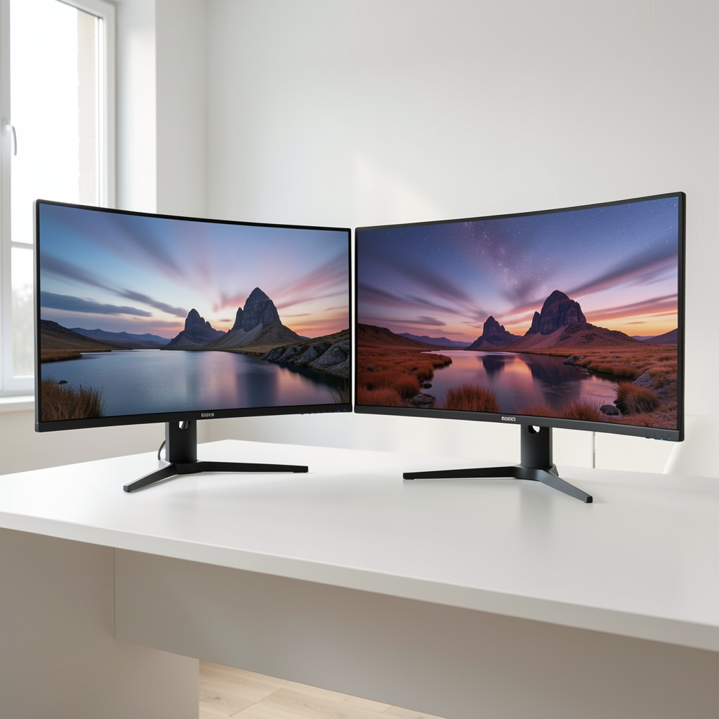 Dva moderna ultrawide monitora postavljena jedan pored drugog na belom stolu prikazuju oštru 4K sliku — kategorija monitora