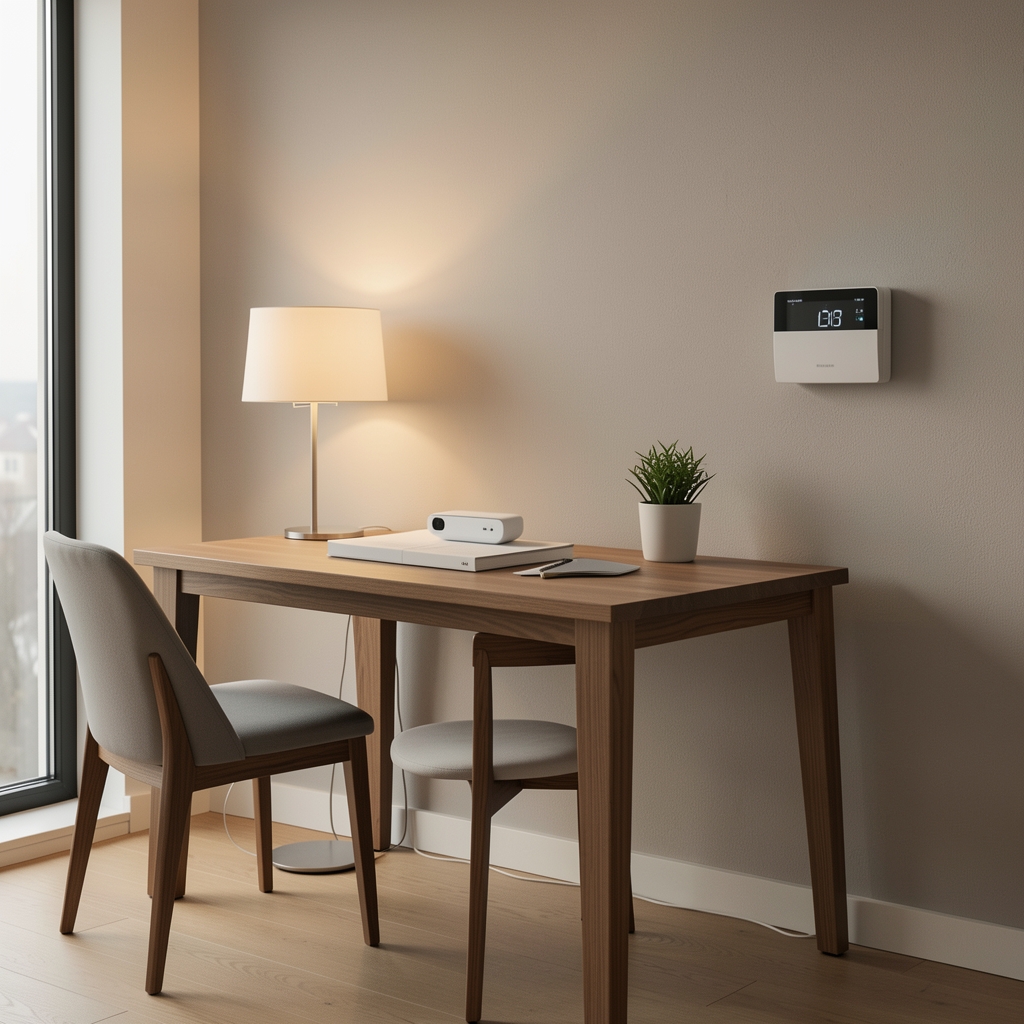 Moderni dnevni boravak sa pametnim uređajima — Philips Hue sijalice, Amazon Echo na stolu i Google Nest termostat na zidu u toplom svetlu