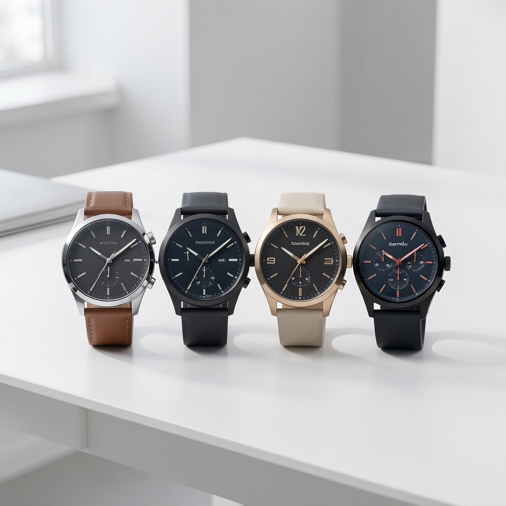 Kolekcija pametnih satova različitih brendova na bijeloj površini — Apple Watch, Samsung Galaxy Watch i Garmin pričvršćeni jedan pored drugog