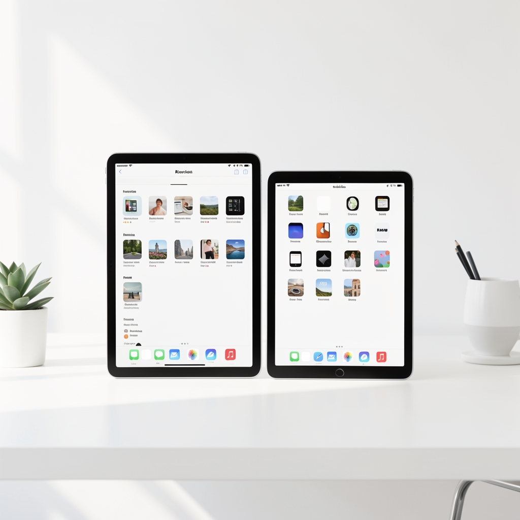 iPad Pro i Samsung Galaxy Tab postavljeni uspravno jedan pored drugog sa prikazanim aplikacijama na ekranu na minimalističkoj beloj pozadini